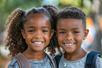 Happy Black Siblings With Backpacks Ready for Back to School or Hike