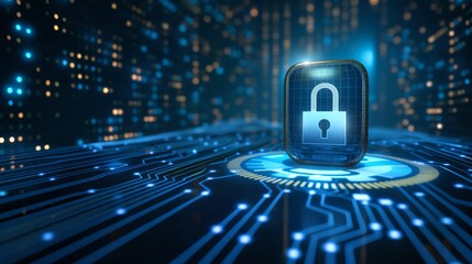 A glowing blue circuit board with a futuristic padlock icon in the center.