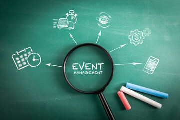 Event Management. Magnifying glass on green school blackboard background