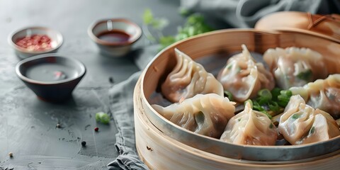 Steamed Chinese dumplings filled with savory meat or vegetables. Concept Chinese Cuisine, Steamed Dumplings, Savory Fillings, Vegetarian Options