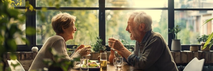 A mature couple shares a cozy meal indoors with a view of a lush garden, exemplifying enduring companionship - Powered by Adobe