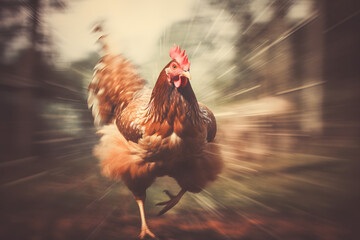 photo of a chicken running at full speed wwith a motion blurred background