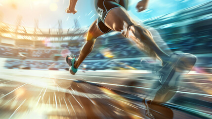 Athletic runner training for a sports competition in a stadium on a sunny day, with a focus on his running shoes, motion blur of a speed race