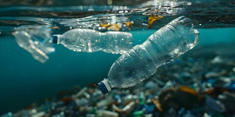 Marine pollution plastic bottles and microplastics in open ocean causing harm. Concept Plastic Pollution, Marine Environment, Ocean Conservation, Harmful Microplastics, Environmental Impact