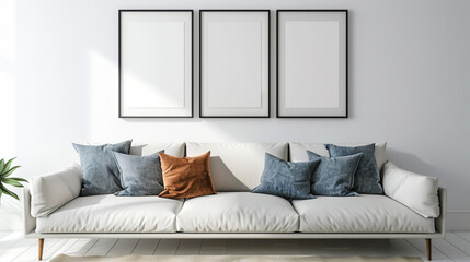 white and blank Empty horizontal picture frame on cream wall in modern living room. Mock up interior in scandinavian style. Free, copy space for your picture, poster. Sofa,.