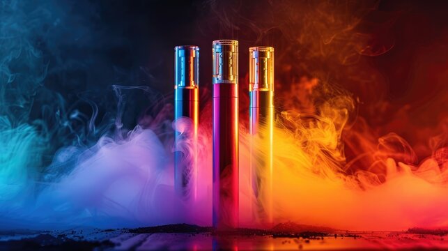 Three colorful vape pens with neon lighting and smoke, modern electronic devices