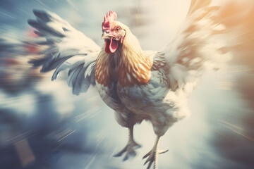 photo of a chicken running at full speed wwith a motion blurred background
