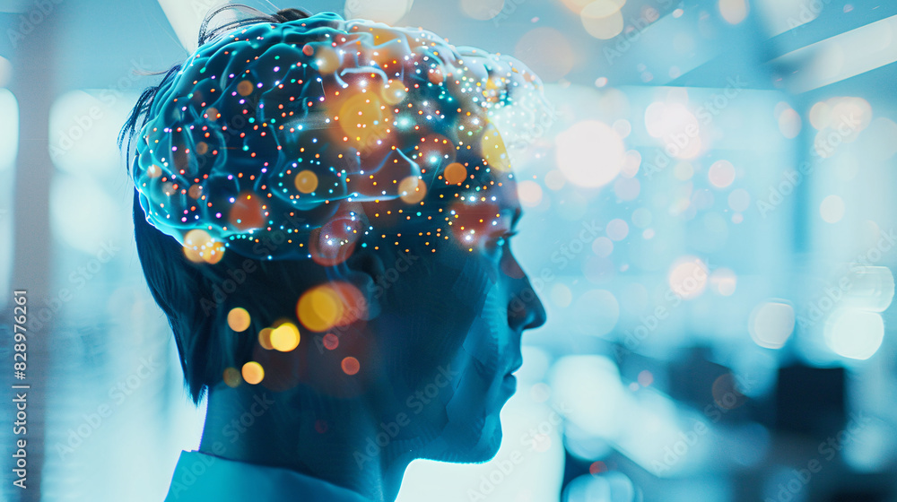 Aufkleber the human brain and artificial intelligence. side view of a man with a superimposed image of a glowi