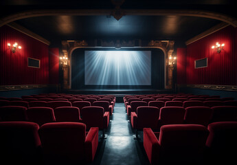 Fototapeta premium kino, theater, auditorium, diele, bildschirm, stühle, sitzreihen, blur, red, blue, blau, rot, samt, alt, antik, früher, cinema, theater, aufführung, stück, film, theater, innenausstattung, stuhl, film