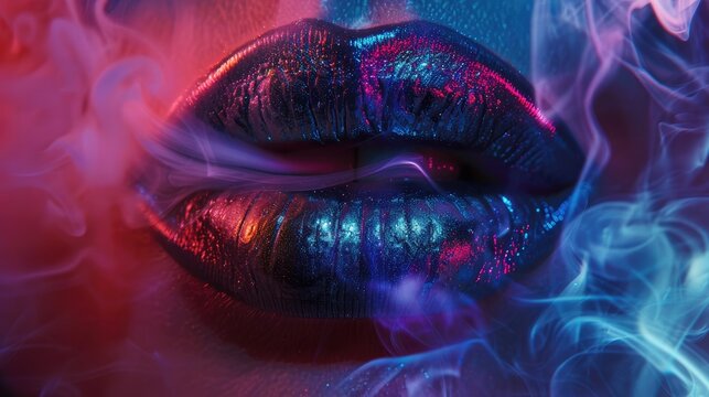 Close-up of woman's lips with orange lipstick and smoke, artistic portrait, fiery colors
