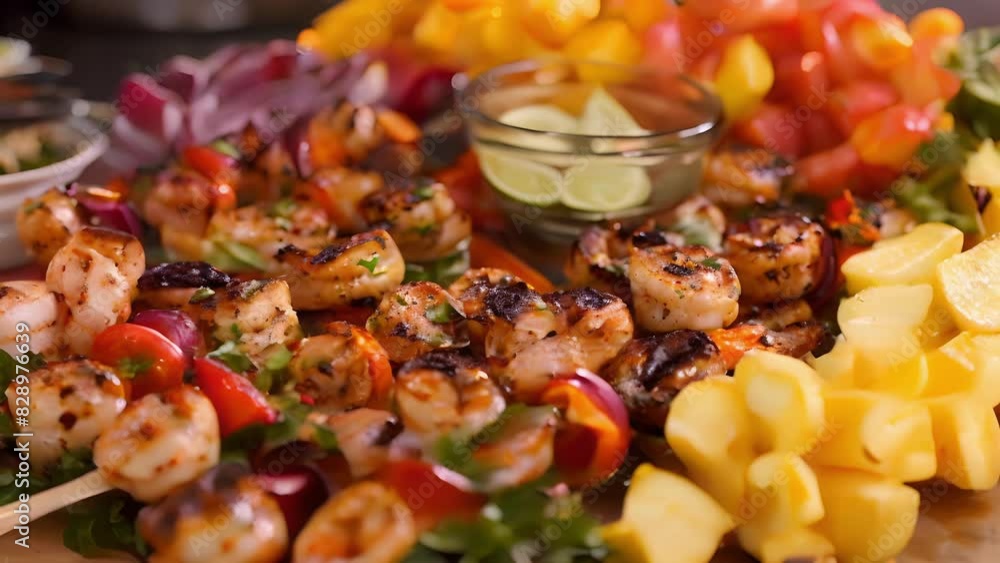 Poster a stunning platter of grilled shrimp skewers served with a colorful array of tropical fruit kebabs a