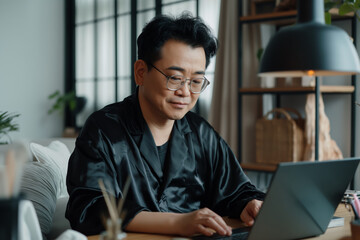 Fototapeta premium Man in black pajamas working on a laptop at a table, focused and serious