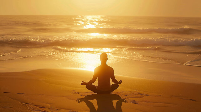 Man doing yoga on beach, sunrise, calm ocean, and sandy shore. Sunrise yoga on beach, man with calm ocean and sand. - Powered by Adobe
