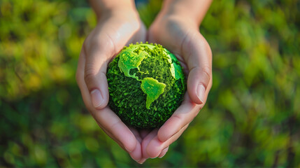 Hands holding a green small planet, symbolic eco gesture for environmental protection, human responsibility for nature conservation, Earth care and sustainable development