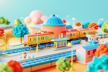 Fototapeta premium 3d illustration of a train station surrounded by trees bokeh style background