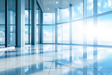 Modern Glass Building Interior with Sunlight. Spacious Bright Office with Large Windows