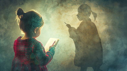 Illustrate a powerful scene of a child holding a pencil and a book, with a shadowy figure representing child labor fading into the background, symbolizing the transition from labor to education and a 