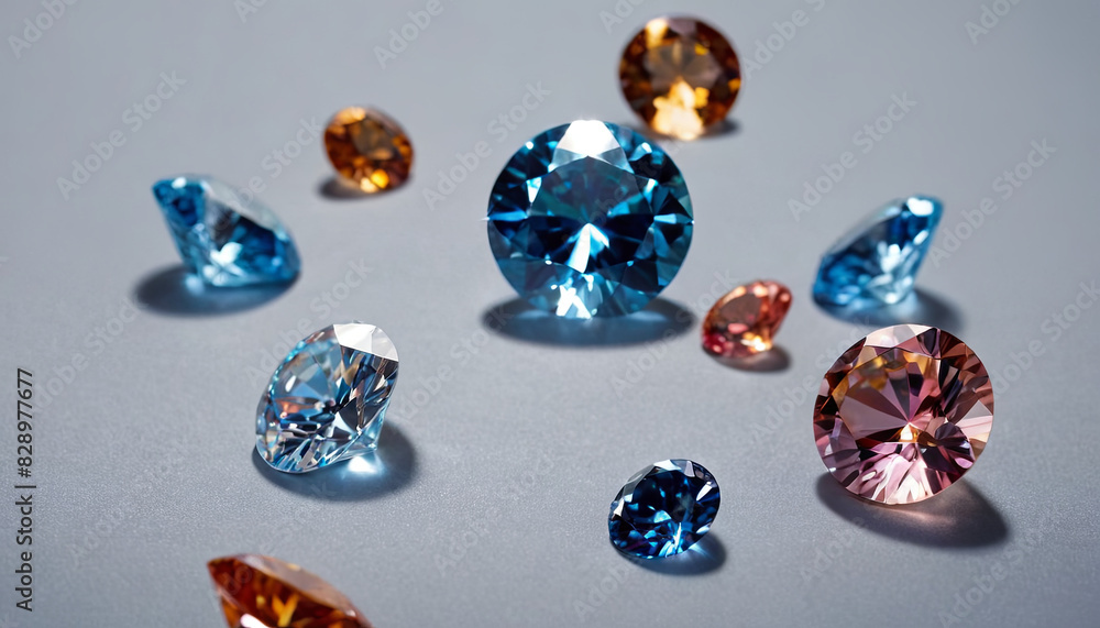 Poster various diamonds in different colors arranged neatly on a table