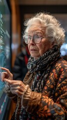 old Norwegian woman writing on a smart board in a classroom