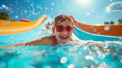 girl in sunglasses having fun sliding down a plastic slide in a water park
