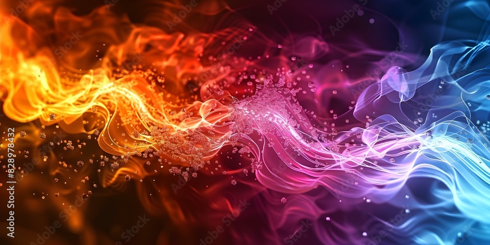 Poster close-up of colorful quarks interacting through force carrier particles in strong interaction. conce