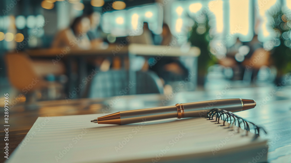 Poster pen and notebook in busy cafe. close up image of a pen resting on a notebook on a cafe table with a 