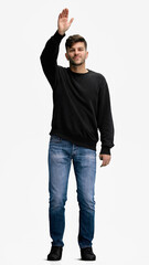 Fototapeta premium A man, full-length, on a white background, waving his hand