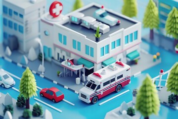 Fototapeta premium 3d illustration of ambulance parking at hospital bokeh style background