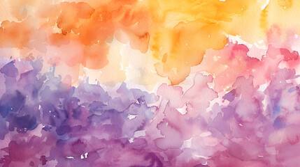 Watercolor background. Purple magenta pink peach coral orange yellow beige white watercolor