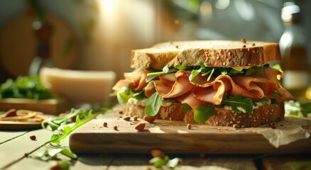 a sandwich made from two slices of baguette filled with cooked ham and arugula, delicious and...