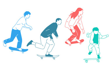 Men, women and children riding a skateboard, different colors, cartoon character, people silhouettes, flat icon design concept, hand drawn vector illustration isolated on white background