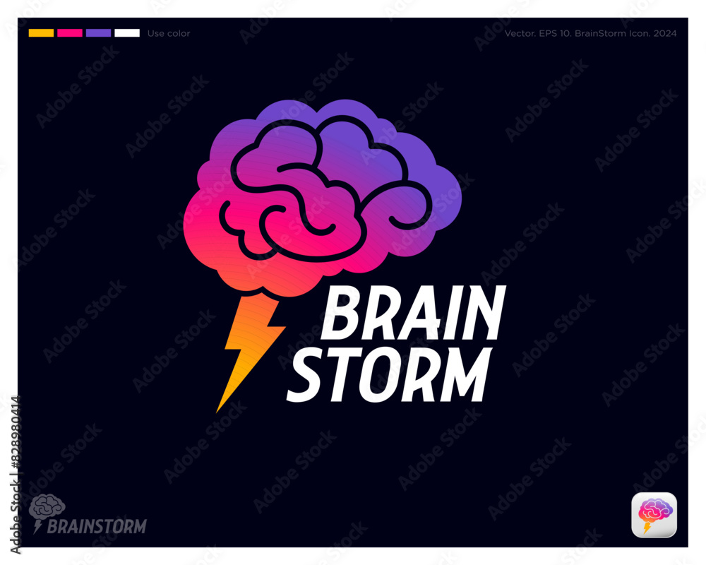 Poster brainstorm logo. brainstorming emblem. cloud like a brain and lightning. identity. using colors.