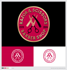 Barbershop logo. Scissors and razor on red-ellipse signboard. Identity. Using colors.