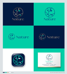 Nature logo. Silhouette of tree or bush with small leaves into circle. Corporate Style, Business Card.