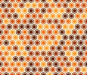 Hexagonal pattern background. Bold rounded hexagon cells with padding and inner solid cells. Orange color tones. Hexagon cells. Seamless pattern. Tileable vector illustration.