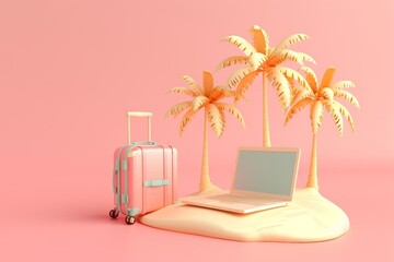 3d illustration of a laptop and suitcases are on the beach vacation concept