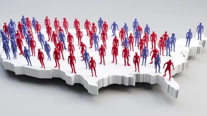 Concept US elections - Blue and red states. Who will win the states? Red and blue characters on a map outline of the United States of America. Dolly shot. Characters appearing over time.