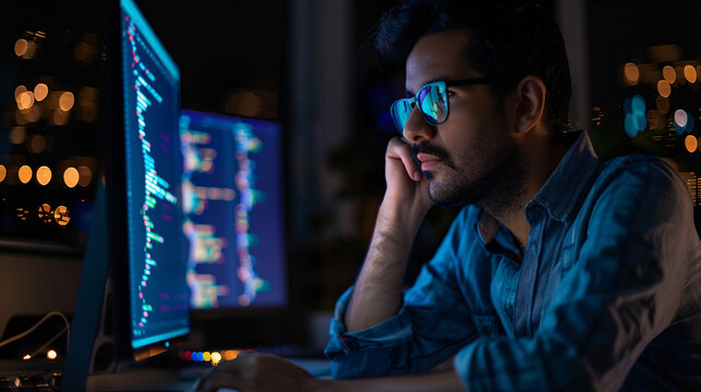 Focused programmer working late on code. Focused programmer working late, illuminated by the glow of his computer screen, debugging code in a dark room.