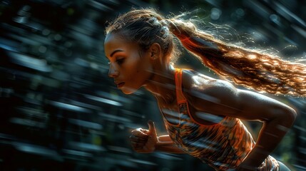 Image features an athletic woman mid-action in a forest setting, with her hair enhanced to simulate fire, symbolizing speed and energy