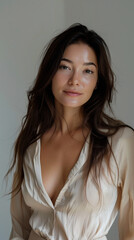 Naklejka premium Digital influencer woman posing a portrait on social media, with soft and natural makeup