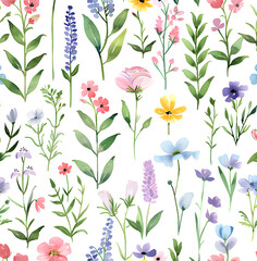 watercolor wildflowers, leaves and branches on white background pattern, muted pastel colors seamless