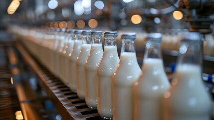 Close-up of milk bottles on conveyor belt in factory, showcasing the bottling process and technology