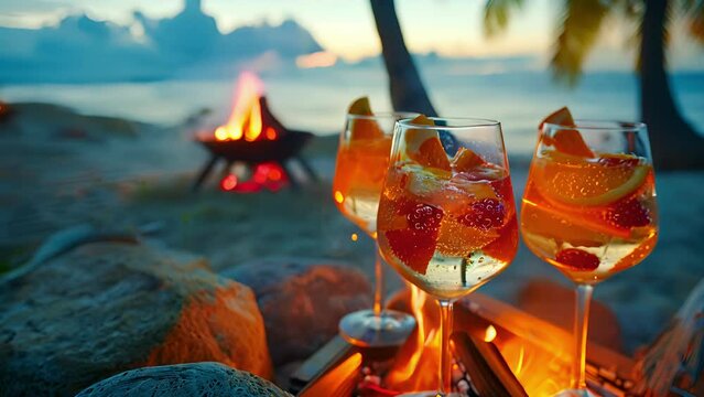 The laidback atmosphere of a beach bonfire is made even more enjoyable with the addition of glasses filled with fruity sangria enhancing the tropical vibes.