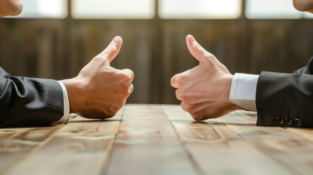 Business agreement, close up of two hands showing thumbs up, business people at meeting
