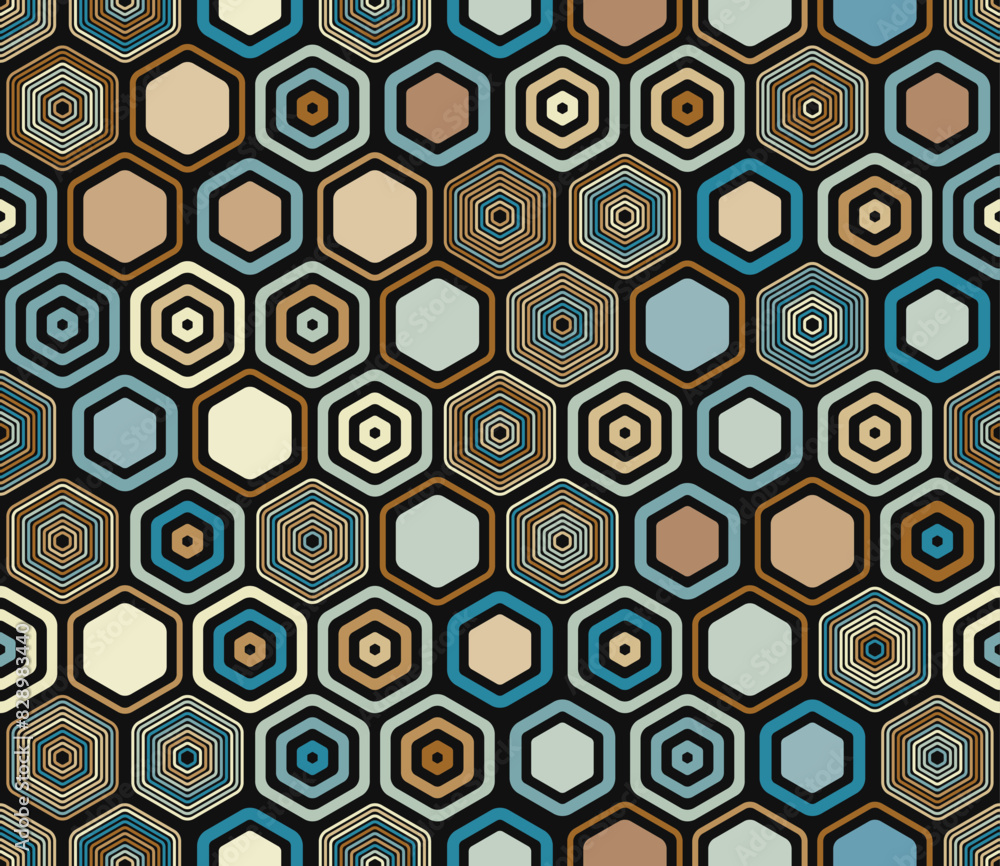 Poster seamless mosaic background featuring geometric elements of varied style and color. hexagonal cells c