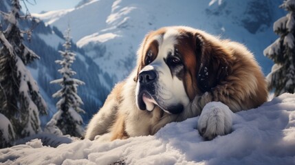 Serene Saint Bernard in Snowy Winter Wonderland - Tranquility and Warmth in Cold Setting