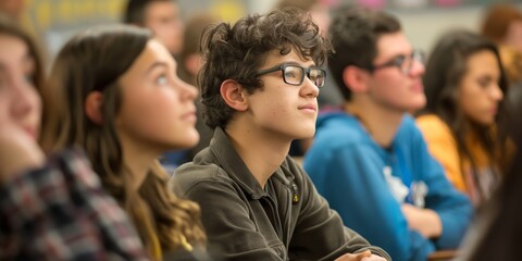 Fototapeta premium A classroom setting with students facing towards the front, seemingly engaged in a lesson
