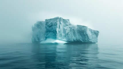 A solitary iceberg stands out in the calm, mist-enveloped sea with a minimalistic aura