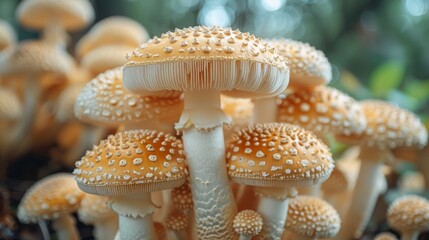 An intricate close-up of a group of brown mushrooms with a detailed texture at the forefront