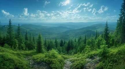 Fototapeta premium Panorama of green forest landscape with trees (trunks)